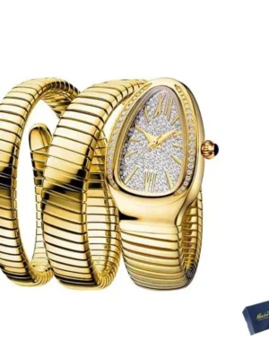 Iced Out Diamond Snake Bracelet Women's Watch Gold Steel Wrapped Quartz Watches